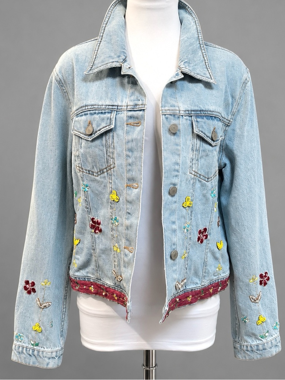 Light Blue Layering Beaded embroidered Accent Jean Jacket